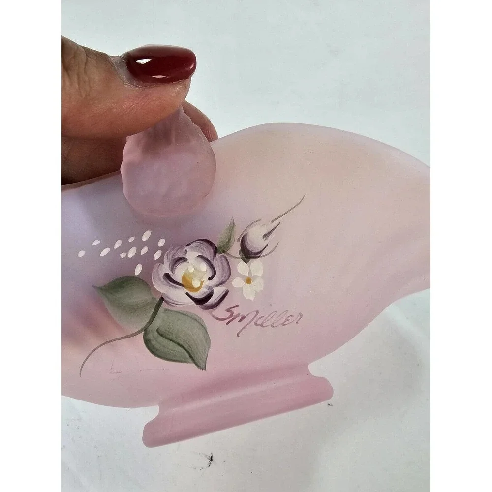 2001 Fenton Hand Painted Pink Chiffon Opalescent Satin Mini Basket S. Miller